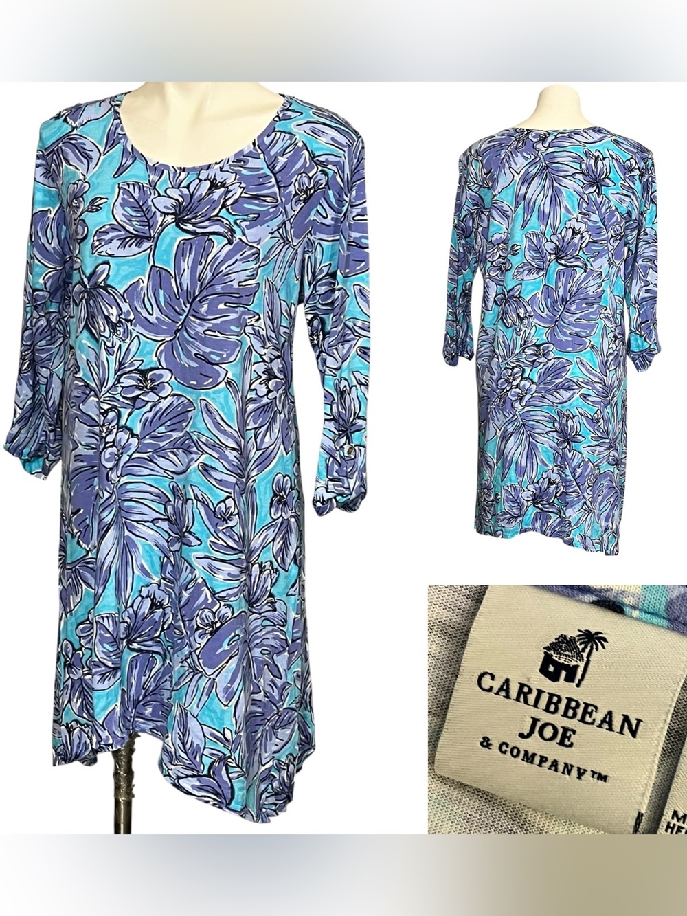 Caribbean Joe shift dress XL blue/purple Floral cotton tropical Hawaiian
